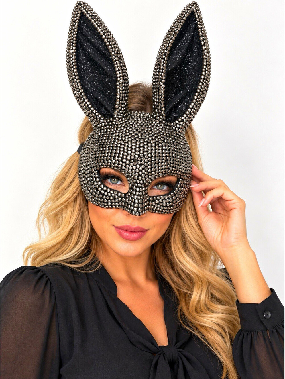 Rhinestone Bunny Half Face Mask Silver/Black Adjustable One Size Adult Unisex